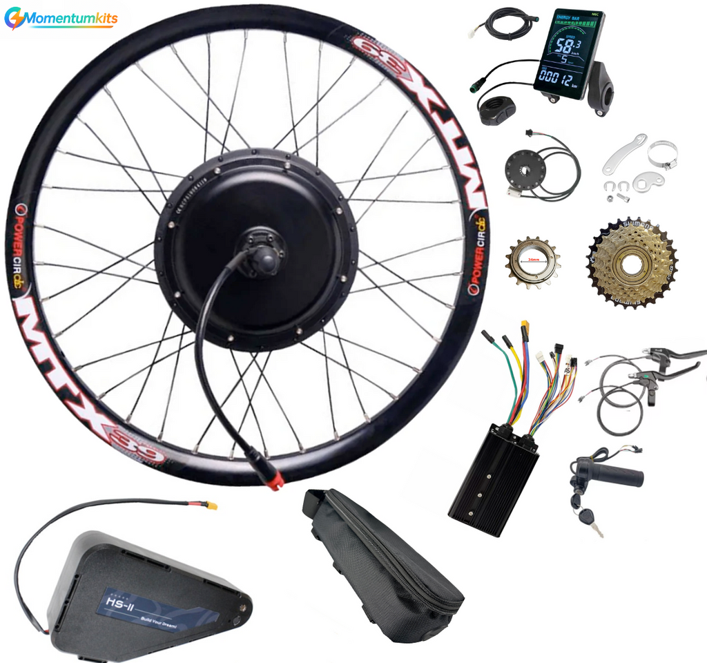 Electric bike conversion kit with wheel, controller, battery, and other components on a white background.