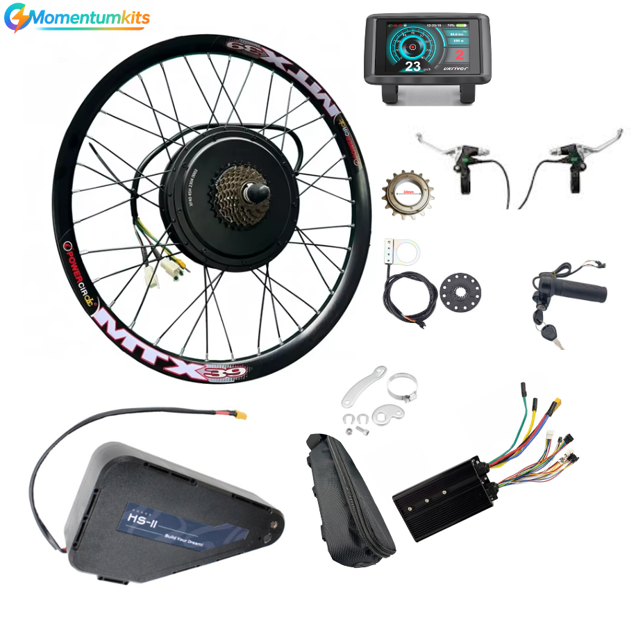 Electric bike conversion kit with wheel, controller, and related components on a white background